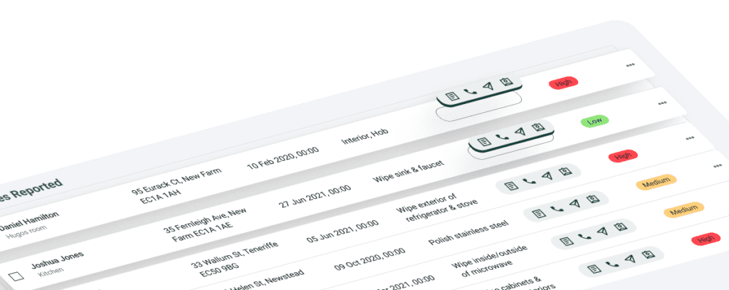 A screenshot of a digital task management system. The list displays a series of tasks, each with the following information: Task Description: A brief description of the task, such as "Wipe sink & faucet" or "Polish stainless steel." Date and Time: The scheduled date and time for the task. Priority Level: A visual indicator of the task's priority, represented by different colors. Action Buttons: Icons for various actions, such as editing, calling, and messaging.