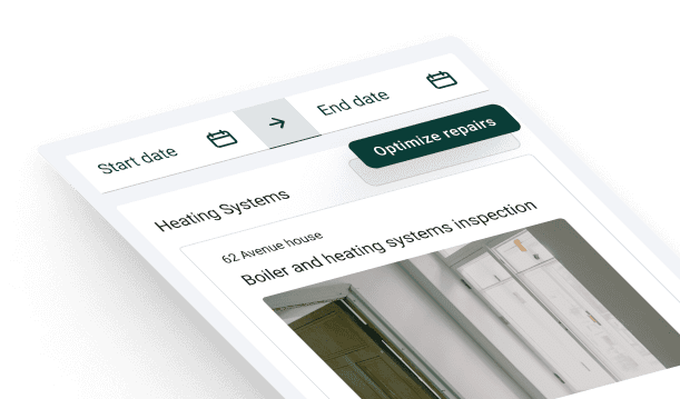A screenshot of a digital calendar interface on a device. The calendar displays a task titled "Heating Systems" with a subtask "62 Avenue House: Boiler and heating systems inspection." The task is scheduled to start on a specific date, with an option to set an end date. Additionally, there is a button labeled "Optimize repairs."