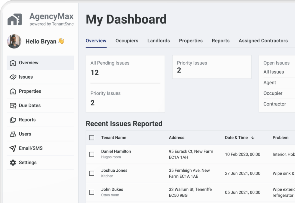 Dashboard showing overview of pending issues, recent issues reported, and other property management information.